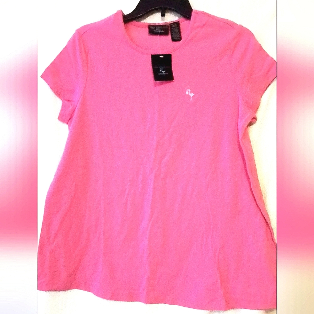 Women's Lg Pink Flamingo Embroidered Baby Delivery Symbol Baby Doll Mtrnty Tee